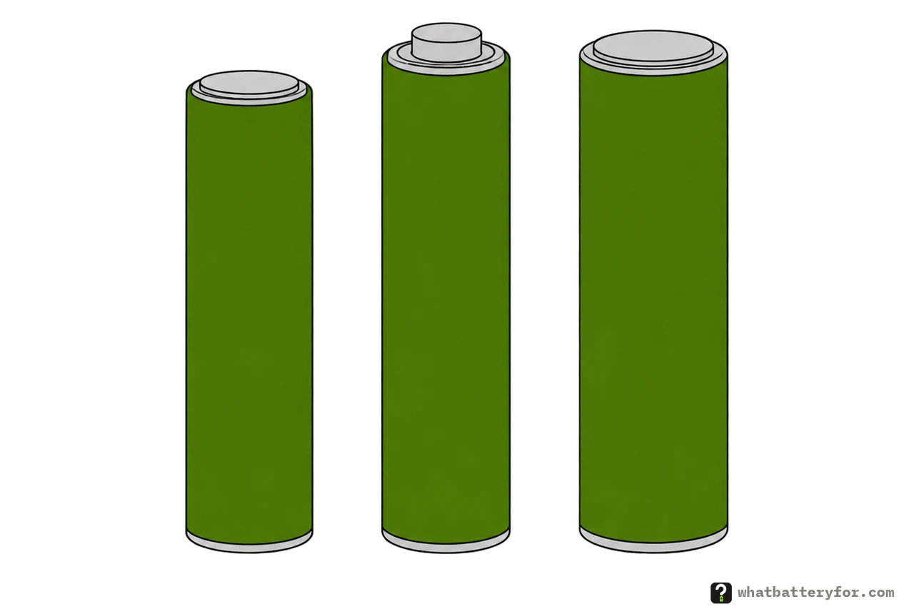 Three lithium-ion cells standing side by side, to scale: a bare 18650, a protected 18650 that is longer with a raised button top, and a wider 21700.