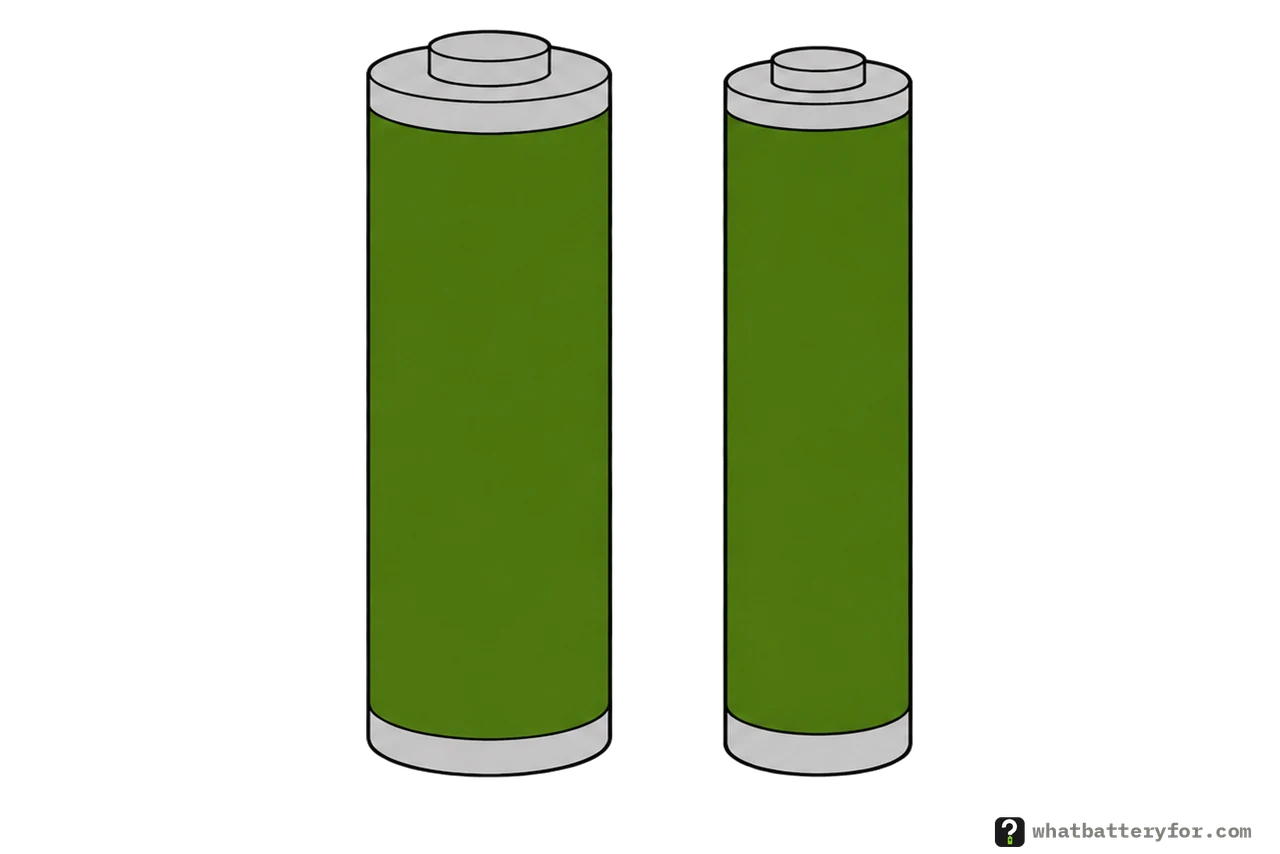 Two small cylindrical 12 volt batteries side by side, to scale: the A23 and the slimmer A27, almost the same length.