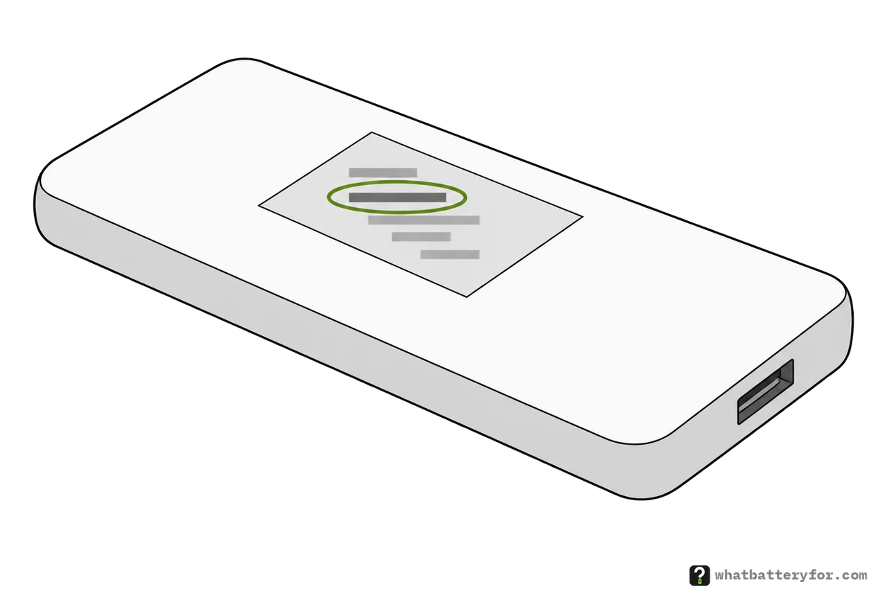 A power bank lying flat with a printed label on its large face, one line of the label circled.