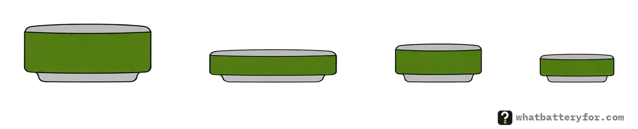 Four button cells seen edge on, to scale: 11.6 by 5.4 mm, 11.6 by 3.05 mm, 7.9 by 3.6 mm and 6.8 by 2.6 mm.