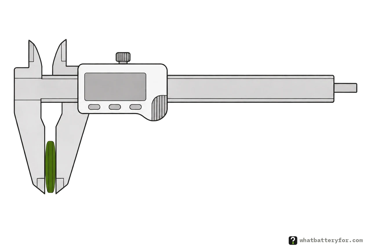 A digital caliper with a coin cell between its lower jaws, the jaws closed on the cell's two flat faces.