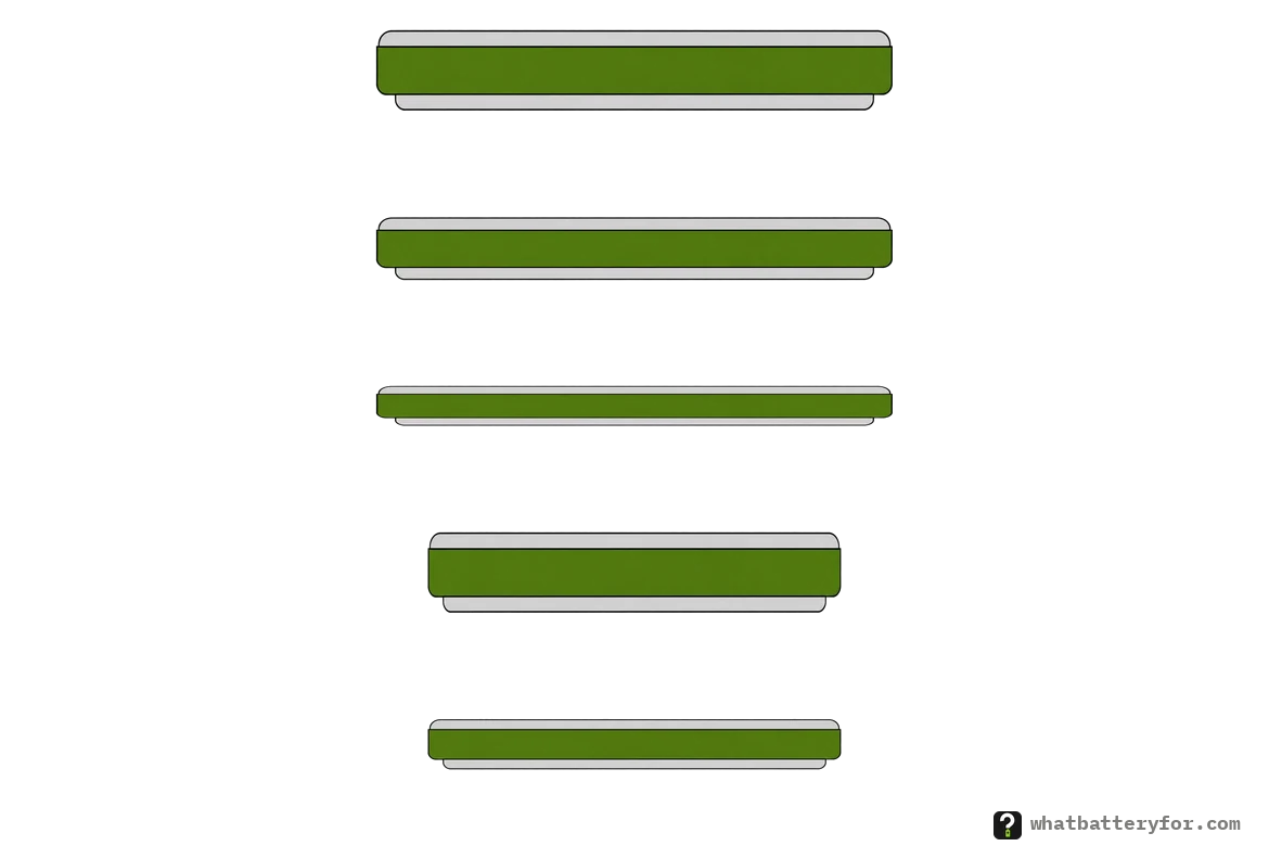 Five lithium coin cells seen edge on, one above the other, to scale: three 20 mm cells 3.2, 2.5 and 1.6 mm thick, then two 16 mm cells 3.2 and 2 mm thick.
