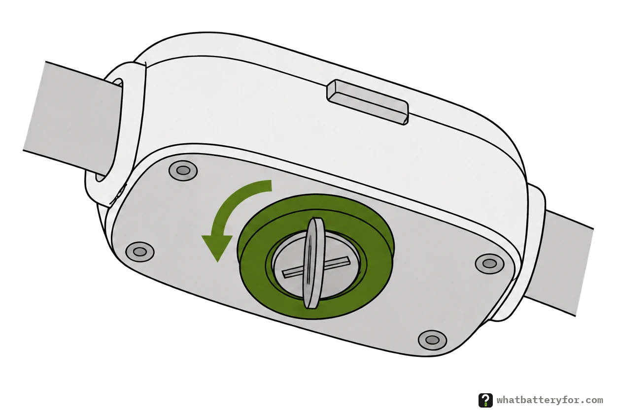 The underside of an electronic dog collar's receiver, with a coin set in the slot of its round battery cap and an arrow turning the cap counterclockwise.
