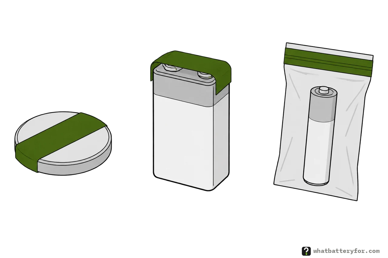 Three batteries made safe: a coin cell with tape across its face, a 9V battery with tape over its two terminals, and an AA battery in its own small zip bag.