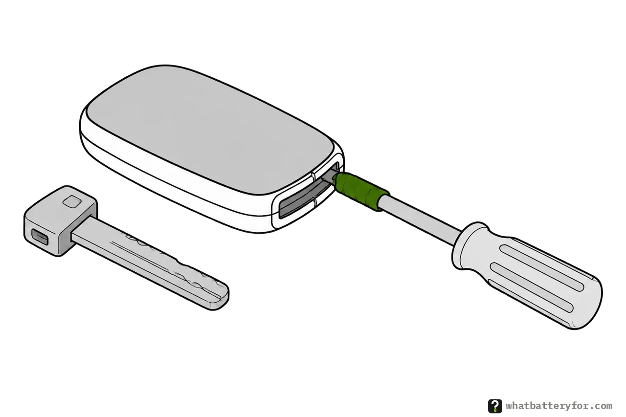 A smart key with its small mechanical key slid out beside it, and a flat screwdriver with its tip wrapped in tape set into the slot at the end of the case.
