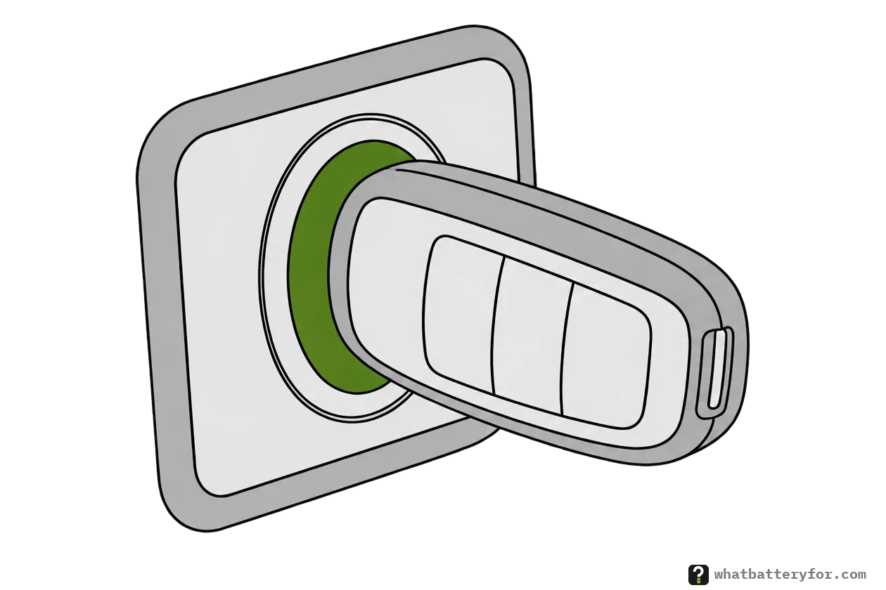 A smart key held flat against a round push-button start switch, its buttons facing out.