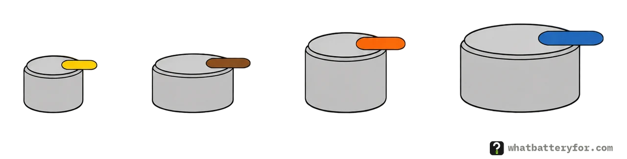 Four hearing aid batteries side by side, to scale, each with its colored pull tab: size 10 yellow, 312 brown, 13 orange and 675 blue.
