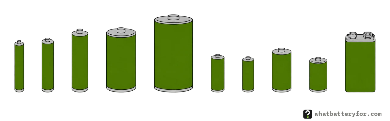 Ten batteries standing side by side, to scale: AAAA, AAA, AA, C and D cells, then the smaller N, A23, CR123A and CR2 cells and a rectangular 9V battery.