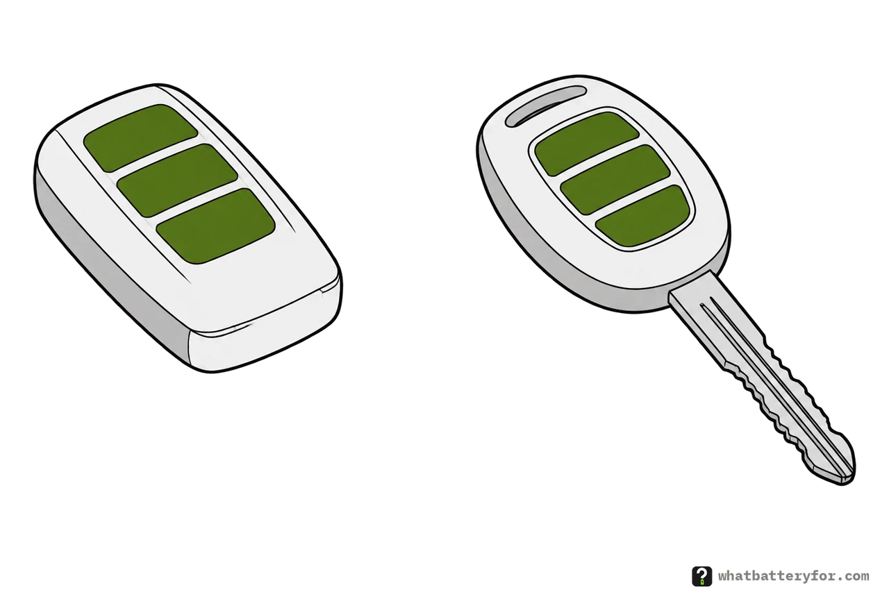 Two car keys: on the left a smart key, a rounded remote with three buttons and no blade; on the right a key with three buttons on its head and a metal blade.