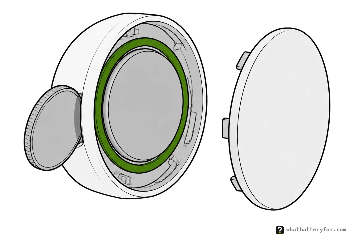 A round bike speed sensor opened, a coin beside the notch on its side, a coin cell inside with a rubber O-ring round it, and the face plate beside it.