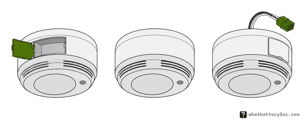Three round smoke alarms: one with a battery door open on its side, a sealed one with no door, and a hardwired one with a wiring plug on its back and a small battery door.