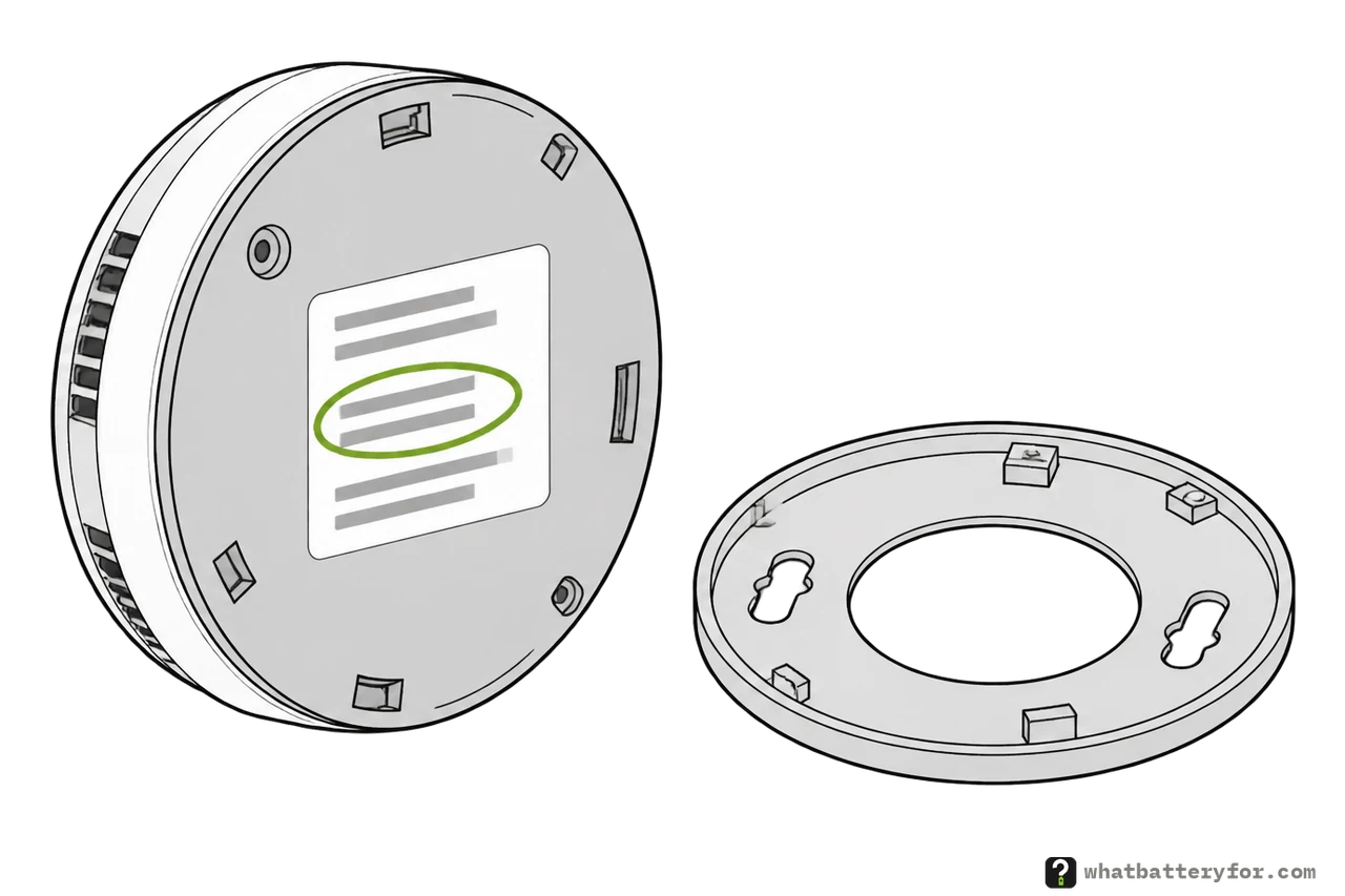 A round smoke alarm off its ceiling bracket, seen from the back, with two lines of the printed label on its back circled.