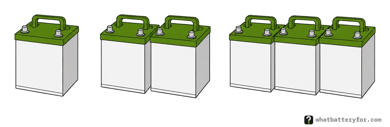 Three groups of 12 volt deep cycle batteries: one battery, two side by side, and three side by side.