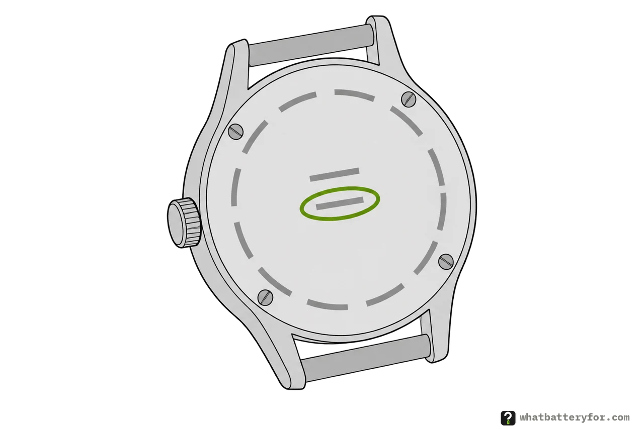 The back of a round watch case with engraved marks, one short engraved line circled.